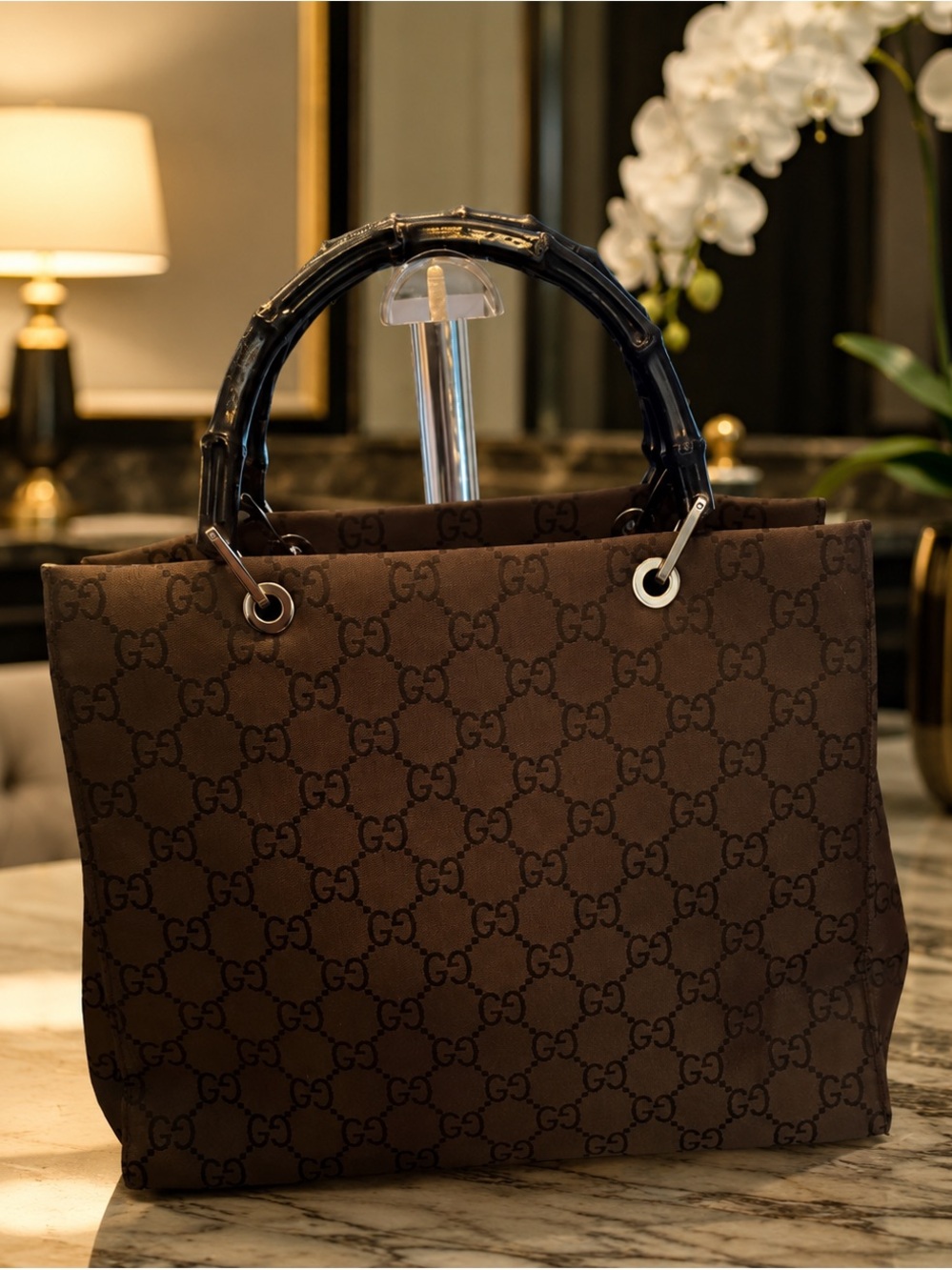 Gucci Brown GG Canvas Tote with Dark Bamboo-Style Handles